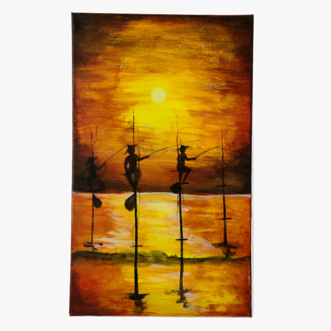 Sunset Harvest: Stilt Fishermen in Gold